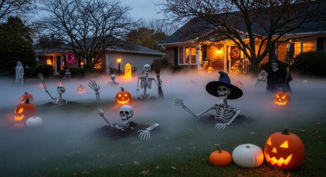 Spooky halloween decorations with skeletons and pumpkins in foggy yard
