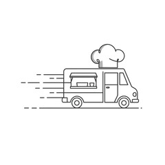 Obraz premium A dynamic line art illustration captures a speedy mobile food truck, complete with a chef's hat, symbolizing fast culinary service and convenient street food delivery.