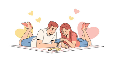 Couple Relaxing And Sharing Time Together While Using Smartphone And Hearts Floating Around
