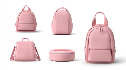 Collection of pink backpacks isolated on white background, showcasing various styles and sizes, perfect for school, travel, and everyday use