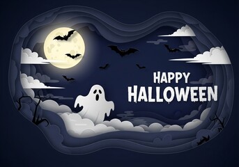 Unique paper cut style Halloween banner featuring a night sky with clouds, bats, full moon, and spooky ghosts in fog, ideal for party posters and festive templates
