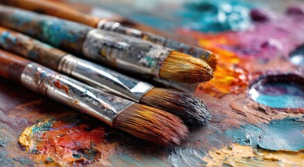 Naklejka premium Artistic Paintbrushes Resting on a Colorful Palette, Ready for Creation.