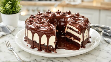 Decadent Chocolate Cake with Creamy Filling, Drizzled with Rich Chocolate Ganache, Presented on a Marble Countertop, Ready to be Enjoyed.