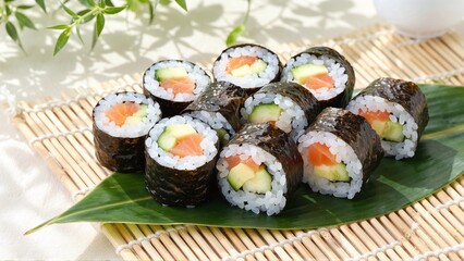 Freshly Prepared Sushi Rolls with Salmon and Cucumber, Arranged Artfully on a Green Leaf, Ready to Delight the Senses.