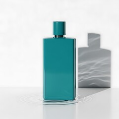 Teal Perfume Bottle on White Surface.
