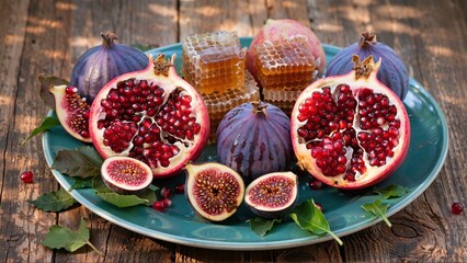 Fresh Figs, Pomegranates, and Honeycomb on a Rustic Turquoise Plate, Displaying a Bounty of Nutritious Food on a Wooden Table.
