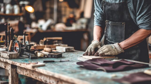 Medium shot of a worker assembling custom sports accessories on a bench focusing on hands and equipment with the rest of the workshop softly out of focus.