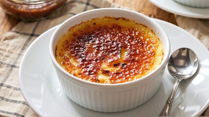 A Creamy Delight: Indulge in the Sweetness of Crème brûlée, a Classic Dessert Served Elegantly on White Dishes.