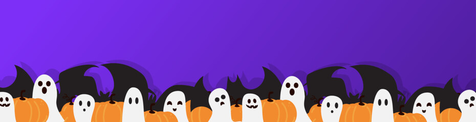 Fototapeta premium Spooky Halloween border cartoon ghosts peeking over carved pumpkins with smiling faces, silhouetted bats flying across a bold purple sky, festive seasonal banner.