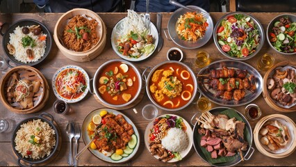 A Delicious Array of Asian Cuisine: A Vibrant Compilation of Enticing Dishes, Ready to be Shared and Enjoyed Around a Communal Table.