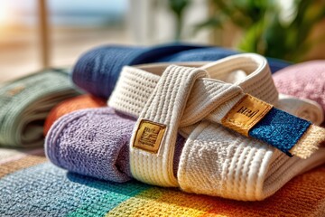 Colorful and Cozy Towels Stacked Neatly with Soft Textures, Perfect for a Relaxing Bathroom or Swimming Pool Setting, Capturing a Warm and Inviting Atmosphere