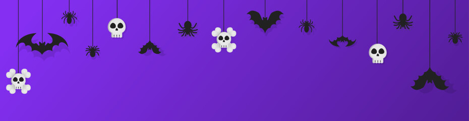 Halloween hanging decorations on vibrant purple background with white skulls black bats and dangling spiders, minimalist spooky banner design ideal for party decor and vector web graphics