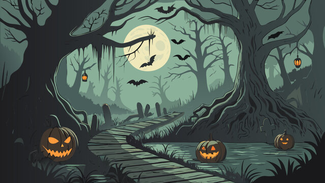 Gothic Halloween Landscape with Eerie Trees and Pumpkins