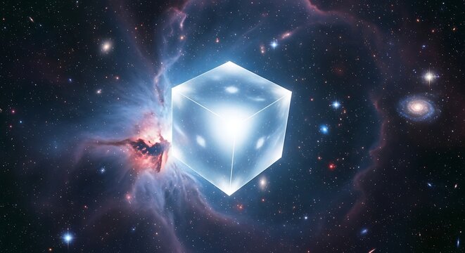 A glowing blue tesseract cube floats mysteriously in a vibrant cosmic nebula filled with stars and galaxies.