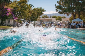 Dynamic Action in the Pool: Swimmers Compete in a Vibrant Outdoor Setting with Splashes of Water and Lush Surroundings During a Sunny Day Event