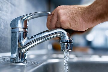 Plumber opening chrome faucet in modern kitchen sink