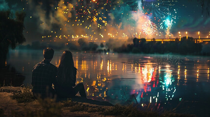 Enchanting lakeside celebration: A couple embracing the vibrant fireworks display