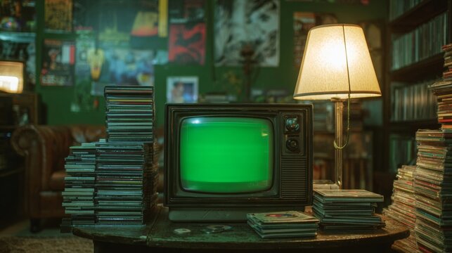 An old TV with a green screen on a table with CDs in a 90s-style room. - Powered by Adobe