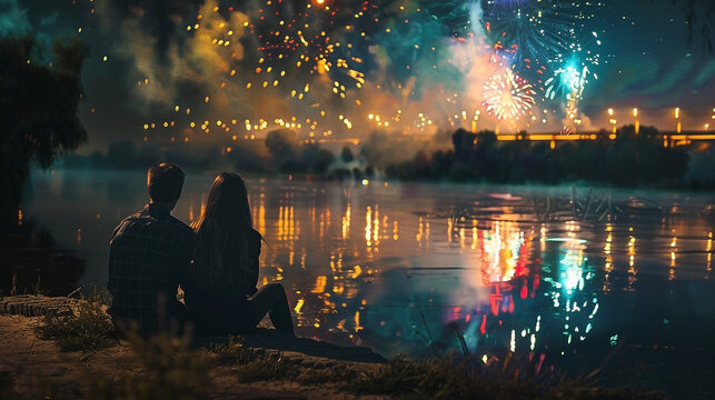 Enchanting lakeside celebration: A couple embracing the vibrant fireworks display