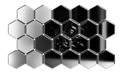 Suspended array of interlinked hexagonal panels with a mirrored finish.
