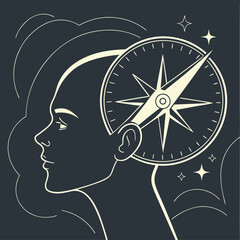 Inner compass as a guide for life decisions, A compass inside a human head, Line art vector illustration - Generative AI
