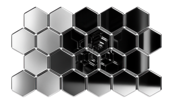 Suspended array of interlinked hexagonal panels with a mirrored finish.