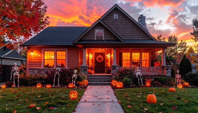 A trick or treat suburban home glowing orange lights yard filled with skeleton decorations fiery red background
