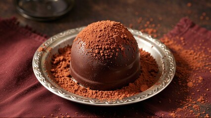 Indulge in Decadence: A Sumptuous Chocolate Dome Nestled in Cocoa Dust, Perfect for a Sweet, Luxurious Treat.