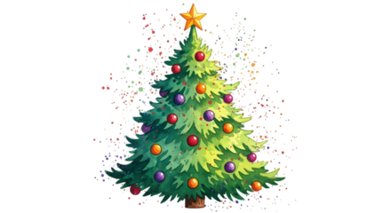 Watercolor christmas tree with ornaments isolated on transparent background