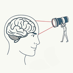 Exploring the mind, A man with a telescope looking into a human brain, Psychology and research concept, Vector illustration - Generative AI
