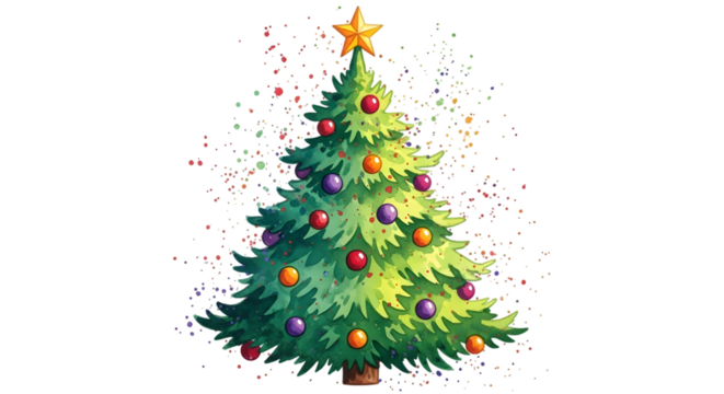 Watercolor christmas tree with ornaments isolated on transparent background