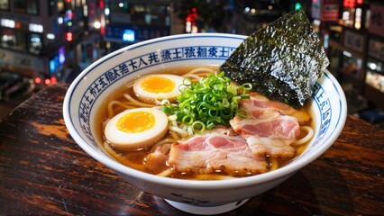 Exquisite bowl of Japanese ramen with soft boiled eggs, savory pork slices, and vibrant scallions, served in front of a vibrant, urban backdrop.