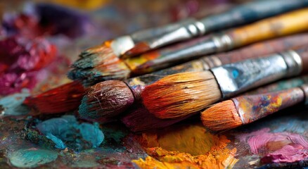 Naklejka premium Artistic Brushes and Palette - A Colorful Close-Up of Painting Tools.