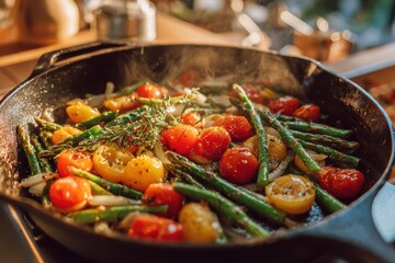 Colorful Assortment of Fresh Vegetables Sautéing in a Cast Iron Skillet with Steam Rising in a Bright Kitchen Setting