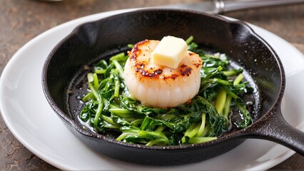 Seared Scallop Perched on Emerald Greens: A Culinary Creation of Simple Elegance Prepared in a Black Iron Skillet.