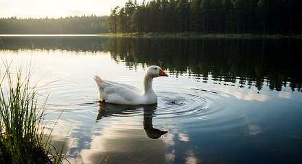 A lone white goose swims peacefully on a calm lake at sunset surrounded by trees.
