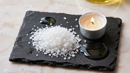 Serene Spa Still Life: Illuminated Candlelight, Pure Salt Crystals, and Essential Oils on Dark Slate for Relaxation.