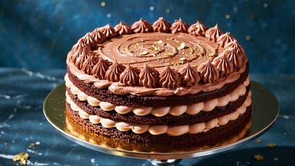 Rich Triple Layer Chocolate Cake with Decadent Chocolate Frosting and Gold Flakes, Displayed on an Elegant Gold Serving Platter