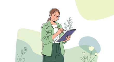 Botanical Scientist Sketching Illustration With Plants, Focuses On Study And Detailed Analysis