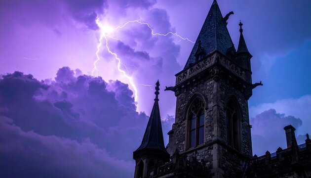 A gothic tower house glowing gargoyles perched high stormy violet background with lightning
 - Powered by Adobe