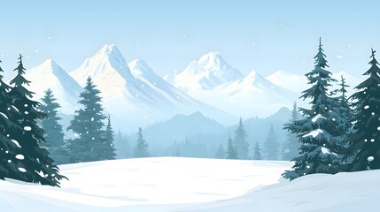 Serene winter landscape featuring snow-covered mountains and evergreen trees under a clear blue sky
