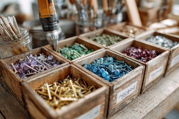 Colorful Craft Supplies Arranged in Wooden Boxes Featuring Various Types of Screws, Nails, and Decorative Items for Creative DIY Projects and Home Improvement