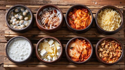 A Diverse Array of Korean Culinary Delights Displayed in Earthenware Bowls on a Rustic Wooden...