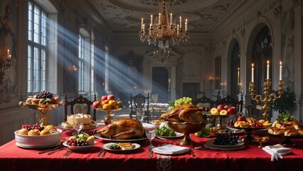 A Grand Feast: Sunlight Illuminating Tables Laden with Fruits, Roasted Birds, and Breads in a Richly Decorated Formal Dining Room.