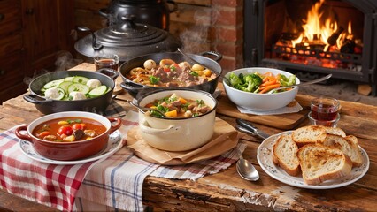 Hearty Winter Feast by the Fireplace: A Rustic Table Setting with Steaming Stews, Fresh Salad, and Crusty Bread for a Cozy Meal