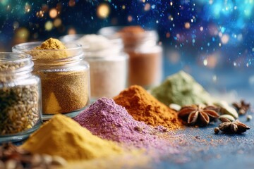 Colorful Display of Various Spices in Glass Jars on a Sparkly Background, Showcasing Textures and Vibrant Hues for Culinary Inspiration and Kitchen Decor