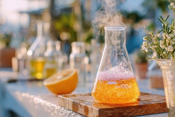 Colorful Experiment with a Flask and Bubbling Liquid Captured in a Warm, Sunlit Outdoor Setting Surrounded by Scientific Glassware and Nature