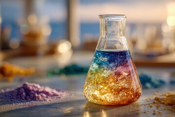 Colorful Experimentation with Chemical Solutions in a Laboratory Setting, Featuring Vibrant Mixtures of Powders and Liquid in a Glass Flask Under Ambient Light