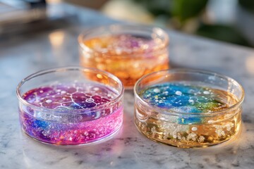 Colorful Gelatin Samples in Petri Dishes with Bubbles and Vivid Hues Ideal for Artistic and Scientific Stock Photography Use