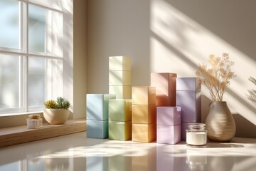 Colorful geometric blocks arranged artistically on a windowsill, with a flowery vase, cozy atmosphere, and soft sunlight casting gentle shadows indoors